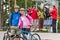 Mountain bikes couple and hikers after chair lift