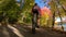 Mountain biking in fall. Mountain biker riding MTB bicycle on forest gravel trail in fall foliage. Close up action shot