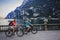 Mountain biking woman and young girl.