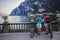 Mountain biking woman and young girl.