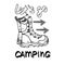 Mountain boots, drawn in sketch style. Let's go camping phrase with design elements for the invitation. Motivational