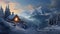 A mountain cabin covered in snow with smoke rising from the chimney.