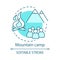 Mountain camp concept icon. Summer hiking and camping club, holiday resort idea thin line illustration. Travelling in