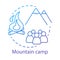 Mountain camp concept icon. Summer hiking and camping club, holiday resort idea thin line illustration. Travelling in