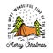 Mountain Camping christmas badge design with colorful tent in line art style and quote most wonderful time of the year