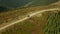 Mountain car roadtrip aerial view small curvy road among trees sunny day