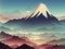 mountain cartoon illustration with a foggy land, ai generated image