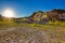 Mountain cliffs background and blue sky