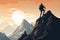 Mountain Climber Scaling Rocky Peak with Snowy Mountain Range in Background