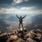 Mountain conqueror, successful hiker revels in panoramic view from triumphant summit