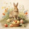 A Mountain Cottontail rabbit is beside a basket of Easter eggs