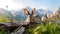 Mountain Cottontail Rabbit peeking out from a log