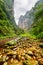 Mountain creek on bottom of gorge among steep cliffs and woods