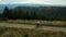 Mountain cycling drone view against stunning spruce forest hills enjoying time