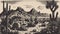 Mountain desert texas background landscape engraving gravure style. Wild west western adventure explore inspirational vibe.