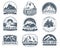 Mountain emblems. Hiking labels with snow mountains peak landscape. Camp and tourism vintage vector logo set