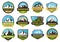 Mountain expedition emblems. Outdoors travel labels, mountains hiking sticker emblem and summer camping badges vector