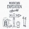 Mountain expedition vintage set. Hand drawn sketch elements for retro badge emblem, outdoor hiking adventure and mountains explori