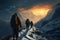 Mountain exploration Hikers with backpacks traverse snowy peaks at sunset