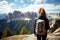 Mountain Explorer. Beautiful, happy young woman wearing a backpack nature exploration . AI Generative