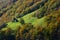 Mountain farm and fall trees