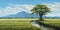 Mountain and field rice tree, clean sky background. AI Generated