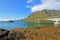 Mountain and fjord landscape, norwegian sea at Holandsmelen, Vestvagoy, Lofoten Islands, Norway