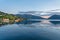 Mountain fjord sea view, Rosendal village houses, Norway