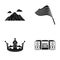 Mountain, flag and other web icon in black style. crown, music center icons in set collection.