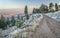 Mountain forest road with pine trees covered by frost