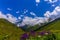 Mountain and forest in various green colors