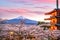 Mountain Fuji and Chureito red pagoda with cherry blossom sakura