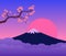 Mountain Fuji Japan Sunset and Cherry Blossoms Branch