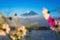 Mountain Fuji and Kawaguchiko lake with morning mist in autumn s