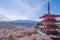 Mountain Fujiyama, a remarkable land mark of Japan in a cloudy day with cherry blossom or Sakura in the frame. The picture of