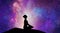 Mountain girl silhouette, meditation under stars