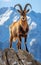 Mountain goat perched gracefully on a rugged rock in the midst of a stunning mountainous landscape.