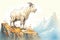 mountain goat scenically perched on cliffs edge looking outwards