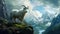 The mountain goat is standing on a cliff overlooking the valley, AI