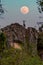 Mountain goat on top of some cliffs with the full moon in the sunset sky