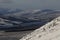 Mountain hare sitting, laying in snow and heather on a slope in winter in the cairngorms national park, scotland