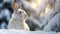 Mountain hare in white fur or pelage. Snowy winter landscape