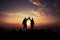 Mountain hikers celebrate, hands raised in silhouette, embodying teamwork\\\'s success