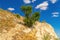 Mountain hiking path against blue sky. alone tree near beside yellow stone stairs slope path on  clay soil. Beautiful nature