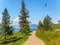 Mountain hiking trail overlooking the lake, Bald Eagle soaring a