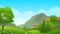 Mountain and hillside view with lush trees and grass