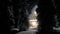 Mountain house and spruce in snow at night in forest. It is snowing