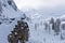 Mountain hut made of stones at winter in Slovenian Alps