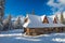 Mountain huts and sunrise in winter, Poland