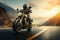 Mountain journey Motorcycle rider cruising through the hills at sunset